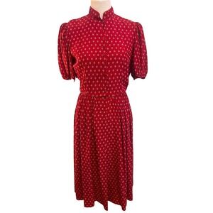 Vintage Maggy London Red Print Puff Sleeve Mandarin Collar Midi Dress Size‎ M